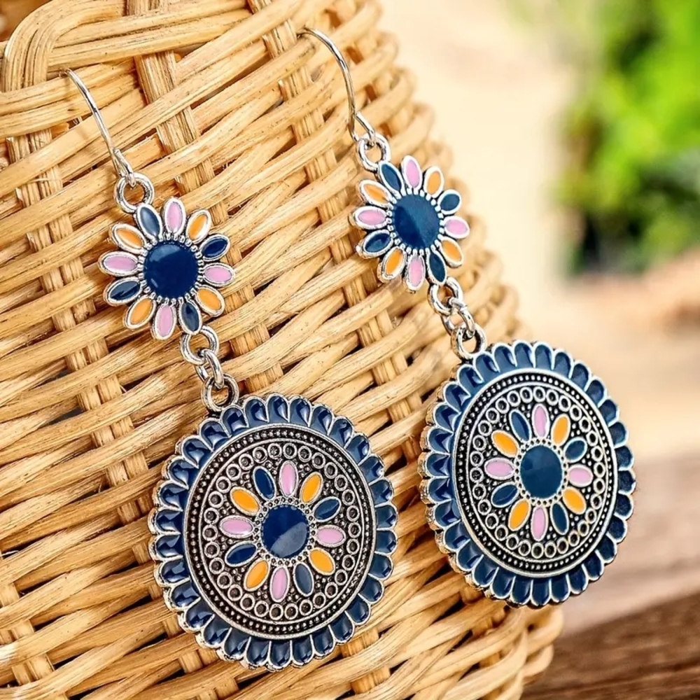 ✨3/$16✨Navy Floral Drop Earrings with Pink & Yellow Accents